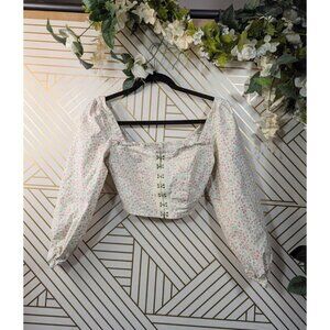 Urban Outfitters Women's Floral Corset Hook Long Sleeve Crop Top Cream Size Smal